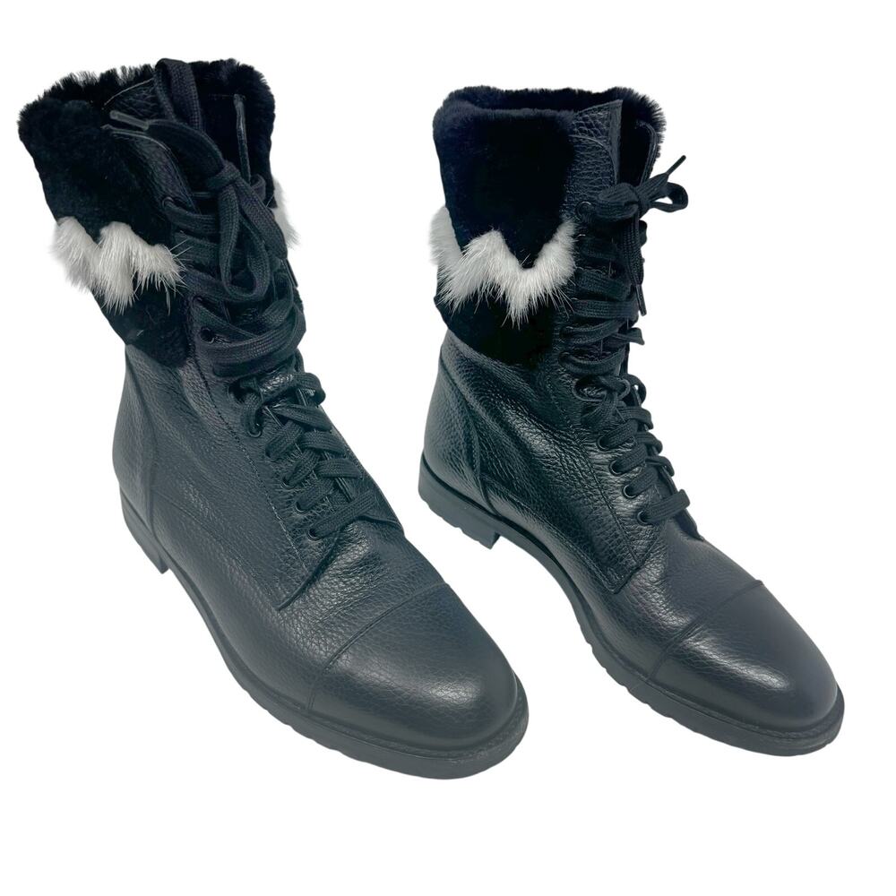 Manolo Blahnik Black Fur Trim Lace-Up Combat Boots Vibram Sole EU 37.5